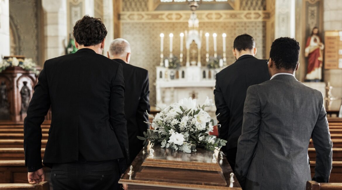 Funeral, church and group carry coffin in service, death or sermon for burial with support. Friends